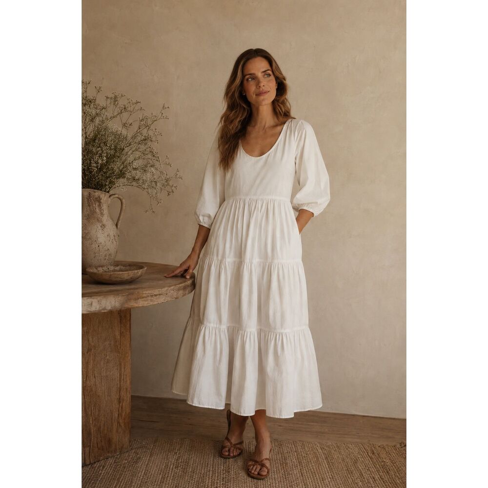 NWT Parterre Avery White Tiered Cotton Midi Dress | Cottagecore Prairie Romantic